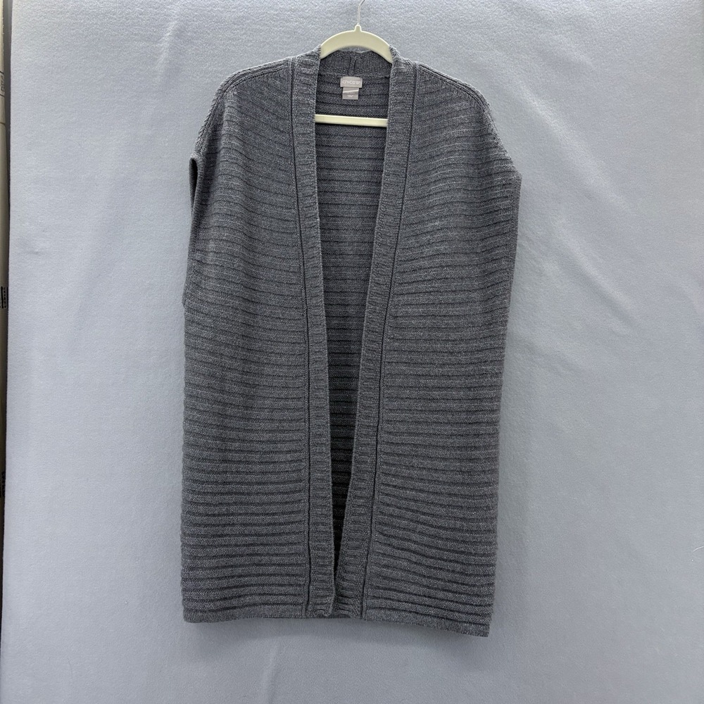 Chicos Size 0 Small Shimmer Long Open Front Sweater Vest Gray Boho Casual Staple